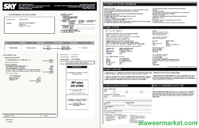 Philippines Sky Cable Corporation utility bill template in Word and PDF formats, 2 pages, version 2